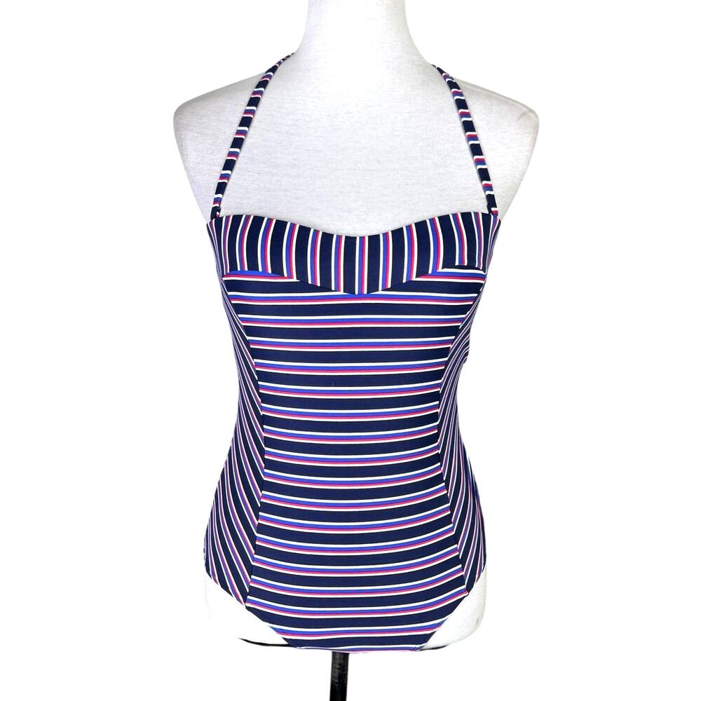 Niptuck NWT Red White Blue Sailor Stripe Adjustable Halter One Piece Swimsuit